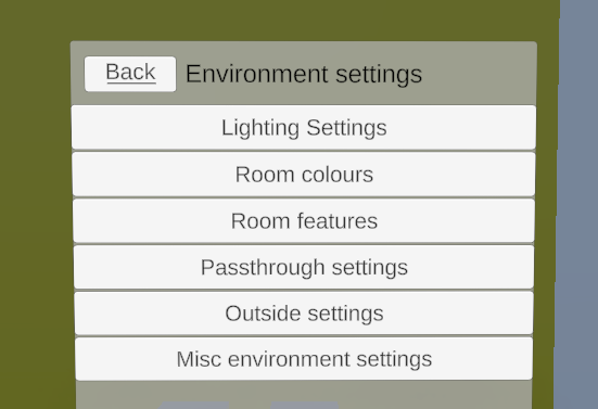 Environment settings menu UI